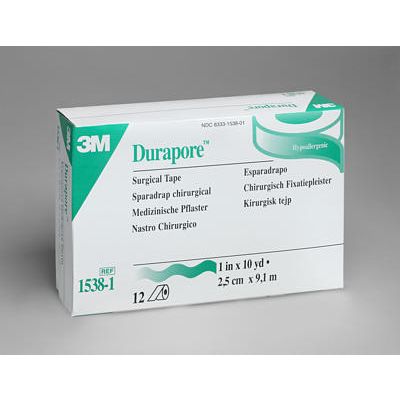 3M 1538-1 - 3M Durapore Tape 1 inch x 10 yard (2,5cm x 9,14m) Silk-like, hypoallergenic tape, standard roll, BX12